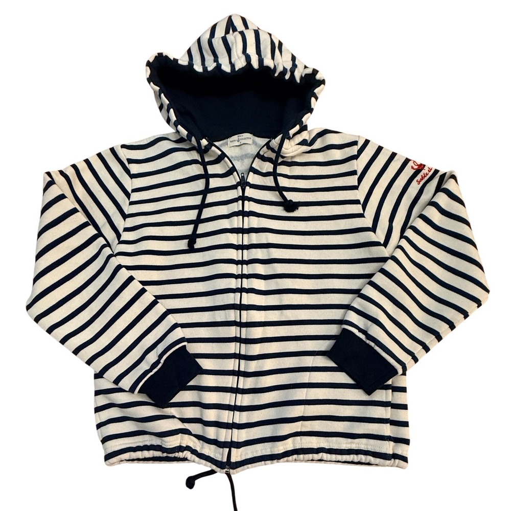 Nautica Womens Hoodie Small Striped Full Zip Jacket Blue White Nautical Fleece‎
